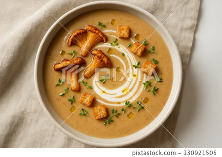 Creamy Chanterelle Mushroom Soup With Thyme, Croutons And Yogurt Swirl 130921505