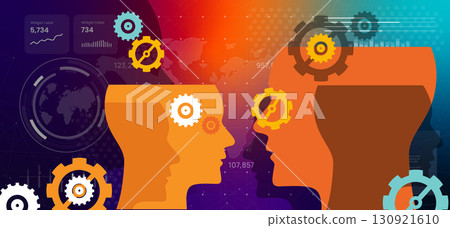 conceptual illustration human heads with gears representing brainstorming and collaboration between human and machine intelligence high-tech background visualizes a meeting of minds in a digital conceptual illustration human heads with gears representing brainstorming and collaboration between human and machine intelligence high-tech background visualizes a meeting of minds in a digital 130921610
