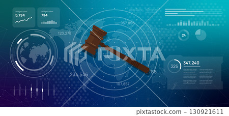 Futuristic digital dashboard displaying global legal data with a judge gavel integration of technology and justice ideal for topics of legal tech cyber law and global legal system 130921611