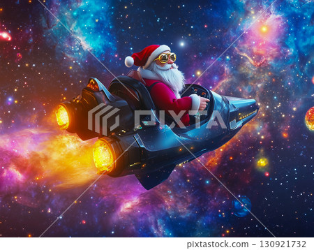 Sci-Fi Christmas Scene with Santa Claus in High-Tech Rocket Sci-Fi Christmas Scene with Santa Claus in High-Tech Rocket 130921732