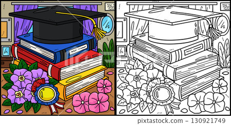 Graduation Cap with Books Coloring Illustration Graduation Cap with Books Coloring Illustration 130921749