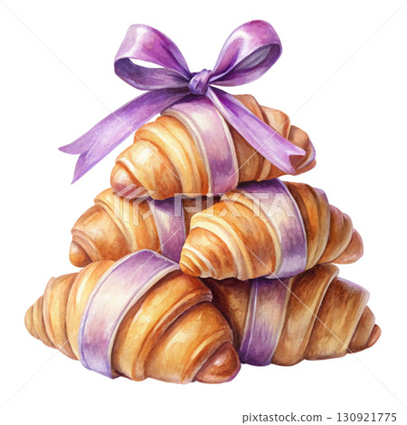 Two croissants stacked together, tied with a pastel blue ribbon bow 130921775