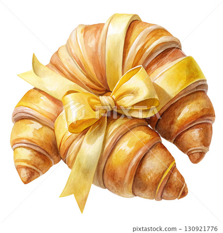 Two croissants stacked together, tied with a pastel blue ribbon bow Two croissants stacked together, tied with a pastel blue ribbon bow 130921776