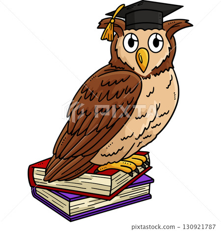 Owl with a Graduation Cap and Books Clipart  130921787