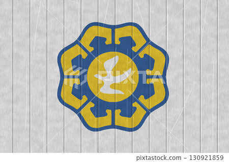 The official flag of the capital of the Republic of Cyprus, Nicosia, on wooden texture. Conceptual collage. Illustration 130921859