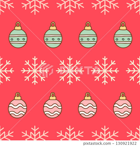 Cute pastel holiday pattern with trees and ornaments. Perfect for kidswear, gift wrap, and festive design projects. seamless tree ornament pattern. Vector illustration 130921922