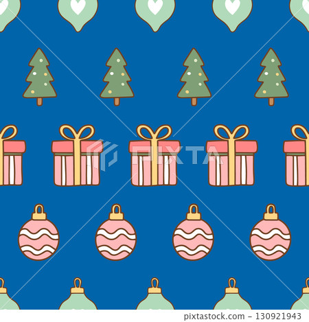 Cute pastel holiday pattern with trees and ornaments. Perfect for kidswear, gift wrap, and festive design projects. seamless tree ornament pattern. Vector illustration 130921943