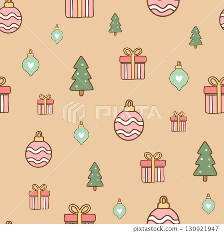 Cute pastel holiday pattern with trees and ornaments. Perfect for kidswear, gift wrap, and festive design projects. seamless tree ornament pattern. Vector illustration Cute pastel holiday pattern with trees and ornaments. Perfect for kidswear, gift wrap, and festive design projects. seamless tree ornament pattern. Vector illustration 130921947