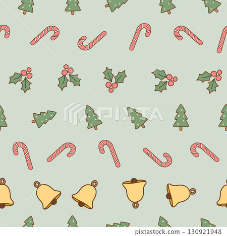 Cute pastel holiday pattern with trees and ornaments. Perfect for kidswear, gift wrap, and festive design projects. seamless tree ornament pattern. Vector illustration 130921948