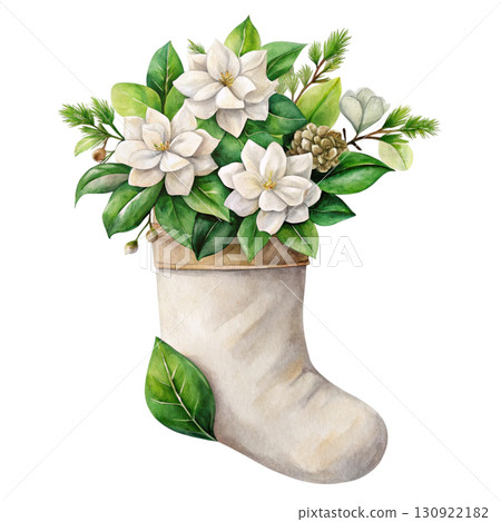 Christmas Stocking with Beautiful Flowers Clipart Watercolor 130922182
