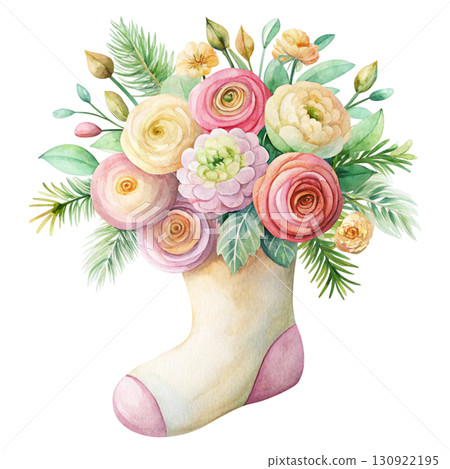Christmas Stocking with Beautiful Flowers Clipart Watercolor 130922195