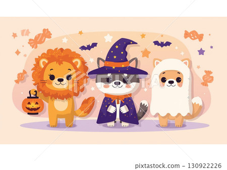 Animal characters enjoying Halloween (lion, cat, Shiba Inu) 130922226