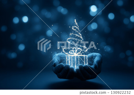 A stylized silhouette of a person's hands gently placing a gift under an abstract Christmas tree, conveying warmth. 130922232