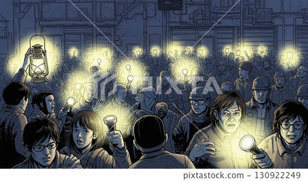 災難發生時人們手持手電筒 130922249