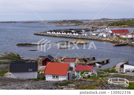 Peaceaful car-free Vrango island skyline with seaside village in Gothenburg archipelago, Sweden 130922336