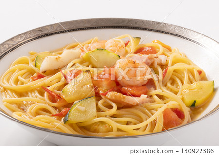 Spaghetti with zucchini and shrimp in tomato soup Spaghetti with zucchini and shrimp in tomato soup 130922386