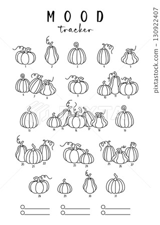 Pumpkin Mood Tracker for daily coloring and emotional tracking. Perfect for planners, bullet journal, and creativity enthusiasts. Printable outline and customizable design. PNG and vector illustration 130922407