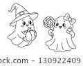Cute Halloween Ghosts, isolated on a clean background. Adorable vector illustration of smiling Halloween ghosts with pumpkin and candy. Perfect for kids' designs, coloring pages, and holiday projects 130922409