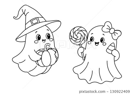Cute Halloween Ghosts, isolated on a clean background. Adorable vector illustration of smiling Halloween ghosts with pumpkin and candy. Perfect for kids' designs, coloring pages, and holiday projects 130922409