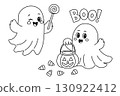 Cute Ghosts Halloween coloring page. Fun vector illustration of two adorable ghosts with candy and a pumpkin basket. Perfect for Halloween coloring books or kids' activities 130922412