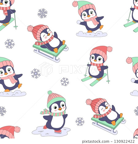 Seamless pattern with penguin character vector illustrations. Activity in winter. Cartoon animals, skating, skiing, sledding. 130922422