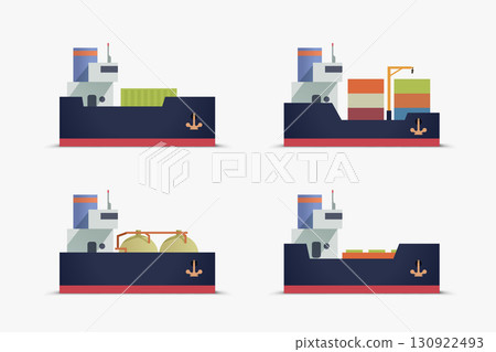 Flat vector set of cargo container ships 130922493