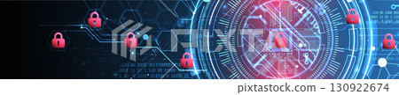 Abstract technological background on the topic of information protection. Various technological elements with padlocks inside which is a digital code. 130922674