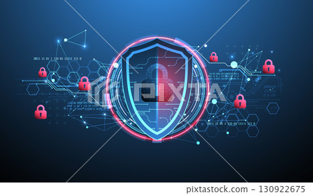 Abstract technological background on the topic of information protection. Various technological elements with padlocks inside which is a digital code. 130922675