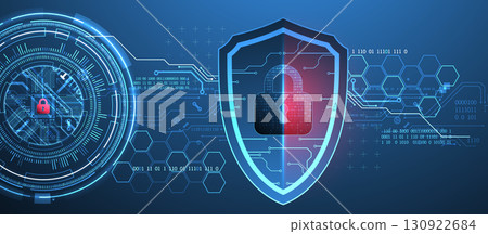 Abstract technological background on the topic of information protection. Various technological elements with padlocks inside which is a digital code. 130922684