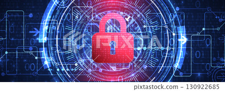 Abstract technological background on the topic of information protection. Various technological elements with padlocks inside which is a digital code. 130922685