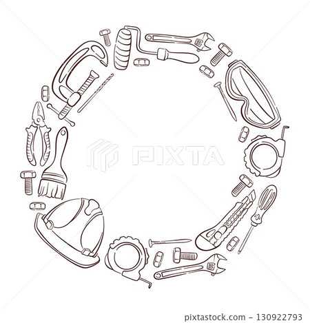 Circular frame border made of line art style construction and repair tool on white background with empty center space for text or design. 130922793