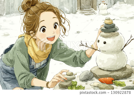Miyu Series: Winter scene of Miyu making a snowman 130922878