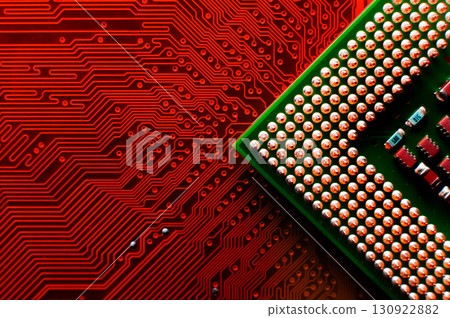 Electronic circuit background. Macro photo of red printed circuit board with contact pads. Macro photo of a computer motherboard. Digital components Electronic circuit background. Macro photo of red printed circuit board with contact pads. Macro photo of a computer motherboard. Digital components 130922882
