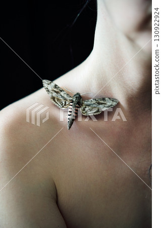 Butterfly sitting on woman shoulder close-up over dark background 130922924