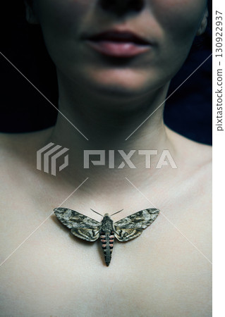 Butterfly sitting on woman chest close-up over dark background. 130922937