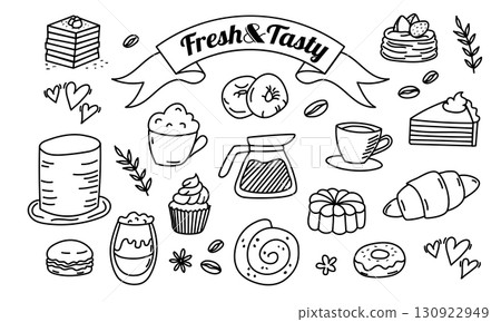 Hand drawn bakery and coffee doodle set 130922949