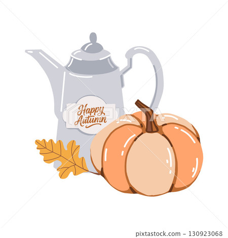 A cozy autumn composition with a pumpkin, vintage teapot, oak leaf and the inscription Happy Autumn. A charming kawaii home illustration. Flat vector clip art for seasonal greeting cards, prints 130923068