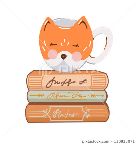 Autumn composition with a stack of books and a cute fox mug. Hand drawn vector illustration for autumn card, print, poster, banner. Vector flat illustration isolated on white background Autumn composition with a stack of books and a cute fox mug. Hand drawn vector illustration for autumn card, print, poster, banner. Vector flat illustration isolated on white background 130923071