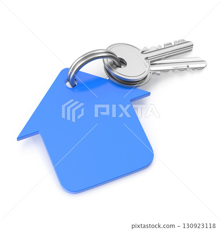 Keys with a blue house-shaped keychain 130923118