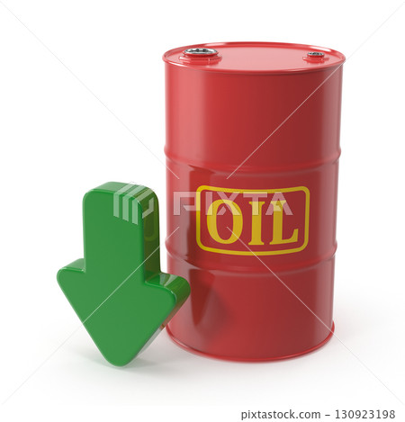 Oil price decrease red barrel and downward arrow 130923198