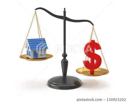 Real estate valuation house and dollar sign on balance scale 130923202