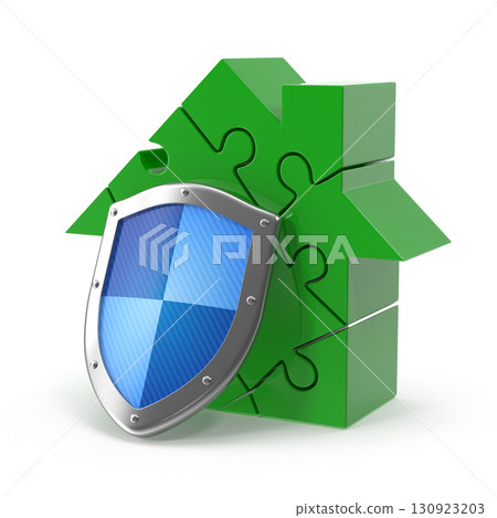 Home security concept shield protecting a puzzle house 130923203