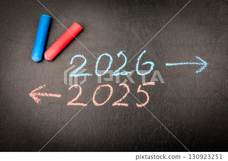 Moving forward from 2025 to 2026 concept with chalk arrows 130923251