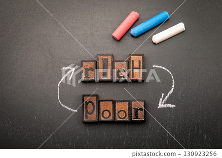 Rich and poor concept with wooden letter blocks and chalk arrows on blackboard 130923256