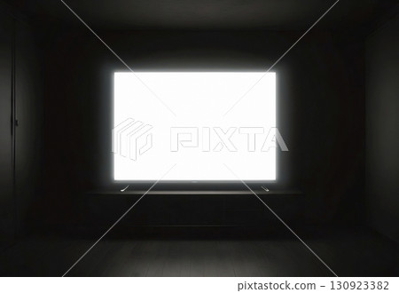 Blank white tv display in dark room interior mockup, ai generated Blank white tv display in dark room interior mockup, ai generated 130923382