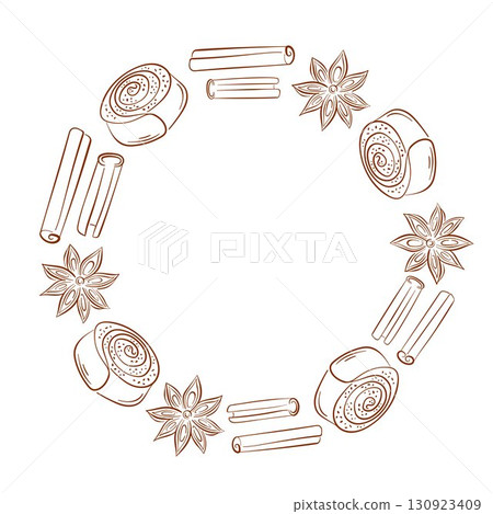 Circular frame border made of line art style cinnamon bun, sticks and star anise spice on white background with empty center space for your design. 130923409