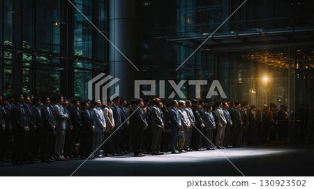 A group of businessmen lined up and looking up 130923502