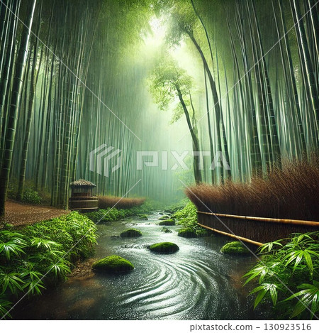 The tranquility of a bamboo forest reflected in the rain 130923516