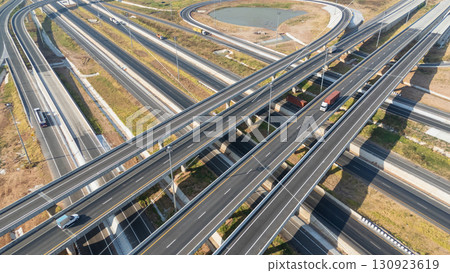 Drone shot aerial view of high angle view of intersection across the bridge against the countryside highway 130923619