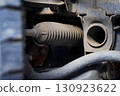 The suspension of a four-wheel drive pickup truck that has been used for rough use 130923622